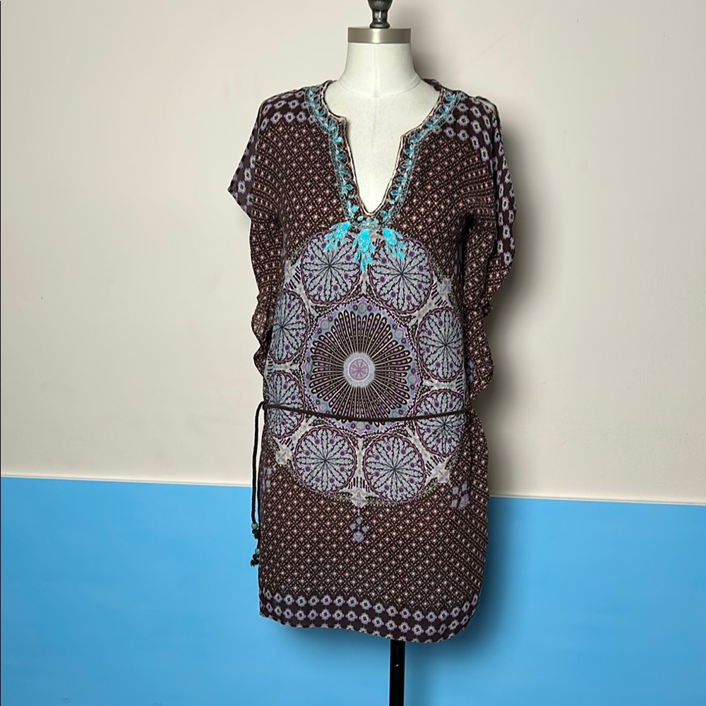 Oasis Silk Multicolor Patterned Dress tie at hip size small kaftan
